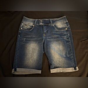 Women’s Royalty For Me Distressed Blue Jean Shorts with cuffed hem in size 14